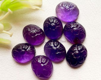Amethyst 9X12 MM Hand Carved Calibrated Oval Shape Cabochon With Flat Back Gemstone 8 Pieces Lot For Handmade Jewelry
