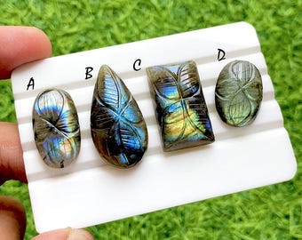Mystic Forest Labradorite Carved Leaf Cabochon For Wire Wrap, Flashy Blue Fire Hand Carved Gemstones For Designer Jewelry - 36960-36963