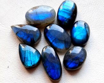 Selected DEEP Blue Labradorite Cabochon Loose Gemstone 8 Pieces Lot | Size : 21-15 MM | Rare Top Blue Labradorite For Jewelry Making - 20457