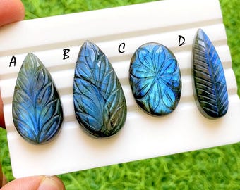 Hand Carved Blue Labradorite Loose Gemstone Cabochon, Mughal Art Carving Natural Gemstones, Carving Cabochon For Jewelry Making -38300-38303
