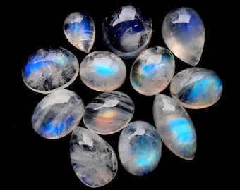 Selected Rainbow Moonstone Cabochon 12 Pieces Lot For Jewelry Making | Size : 8-14 MM | AAA+ Natural Rainbow Moonstone With Flatback - 28796