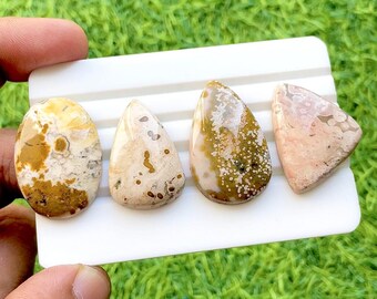 Celestial Bloom Ocean Jasper Cabochon Set, Rare Floral Pattern Ocean Jasper, Designer Jewelry Making Stones, Collector Gem Lot - 35542-35545