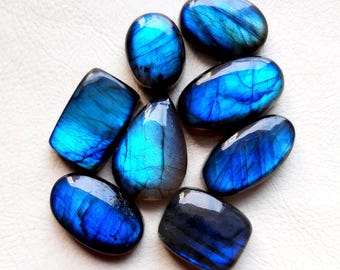 Selected DEEP Blue Labradorite Cabochon Loose Gemstone 8 Pieces Lot | Size : 20-13 MM | Rare Top Blue Labradorite For Jewelry Making - 20455