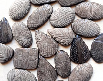 New SIlver Sheen Obsidian Carving Cabochon Wholesale Lot By Weight With Different Shapes And Sizes Used For Jewelry Making