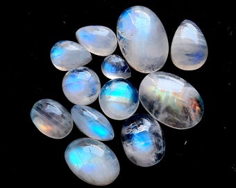 Selected Rainbow Moonstone Cabochon Gemstone 12 Pieces Lot, AAA+ Natural Rainbow Moonstone With Flat Back Gemstone For Jewelry Making 18692