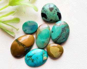 Tibetan Turquoise Cabochon Loose Gemstone 7 Pieces Lot | Size 21-13 MM | Natural Tibetan Turquoise For Handmade Jewelry - 19979