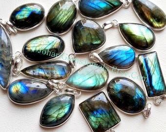 Labradorite Gemstone Pendants, 925 Silver Plated Pendant Necklace With Different Size And Shape, Wholesale Pendant Lot, Handmade Pendant
