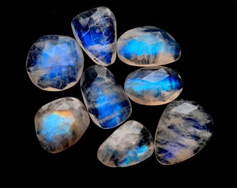 Rainbow Moonstone Rose Cut Slice 8 Pieces Lot For Jewelry Making, AAA+ Natural Rainbow Moonstone Rose Cut With Flat Back Gemstone - 24060