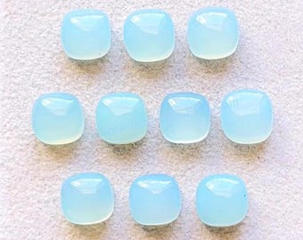 Aqua Chalcedony 8 MM Cushion Shape Smooth Cabochon Gemstone 10 Pieces Lot, AAA+ Natural Chalcedony With Flat Back For Jewelry Making