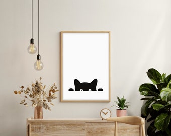 Cat Peek A Boo Art Print, Digital Download, Halloween Art Print, Minimalist Wall Art, Instant Download