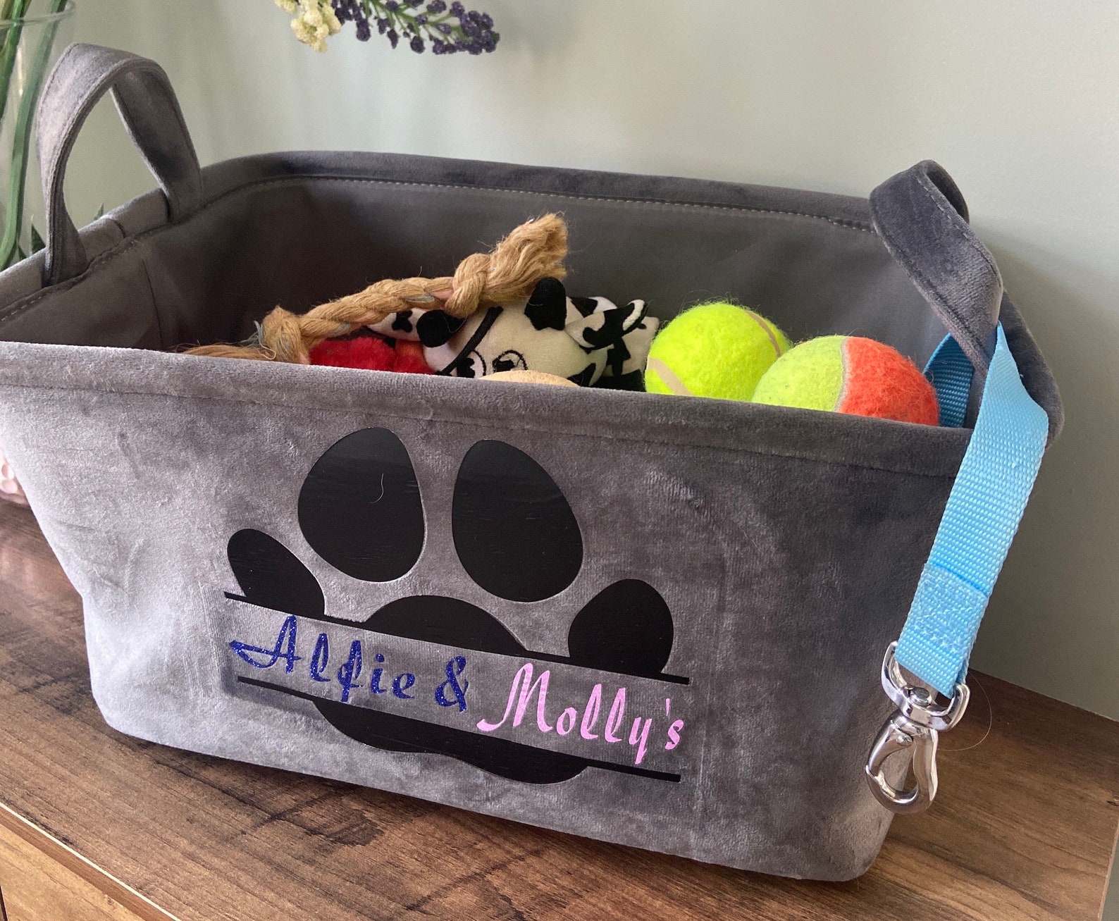 Personalised Pet Storage toy basket Grey velvet. Great for Etsy