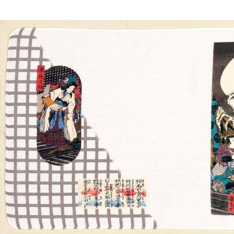 May include: White handkerchief with a gray grid pattern on the left side and two Japanese art prints. One print shows a woman in traditional clothing, and the other depicts a scene with figures and a moon.