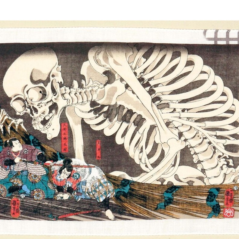 May include: Japanese woodblock print depicting a large skeleton looming over several figures in traditional clothing. The artwork features a detailed illustration with a dark background and a beige border. The skeleton is white, and the figures are in shades of blue, red, and brown.