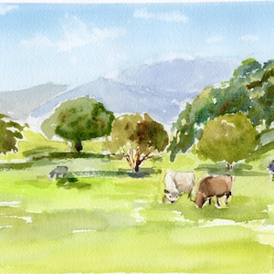 May include: Watercolor painting of a rural landscape with rolling hills, green trees, and cows grazing in a field.