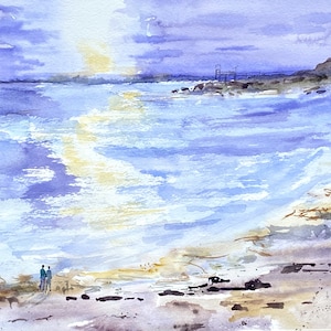 Watercolor of a Moonlight Walk on Casco Bay, Bailey Island, Harpswell, Maine giclee print 8&quot;X10&quot; in a 11&quot;X14&quot; matte.
