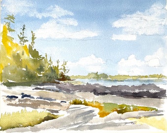 Watercolor of Orrs Island, Harpswell, Maine.  Fine Art Print 8x10 in a 11x14" matte