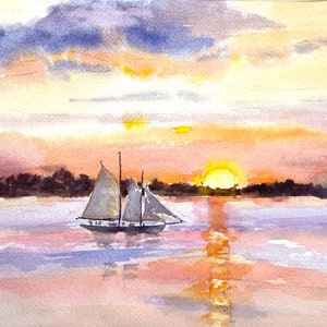 Watercolor the Alert Sailboat on Casco Bay Sailing into the  Sunset, Harpswell, Maine.  8x10&quot; Fine Art Print, Matted in a 11&quot;  X 14&quot; matte.