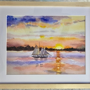 Dramatic 21x17&quot; Framed Print of Sailboat on Casco Bay, Harpswell, Maine, Fine Art Print of Original Watercolor. Heavy wood frame.