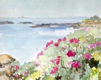 May include: Watercolor painting of a seascape with a distant island and a rocky coastline. The foreground features a field of pink flowers.