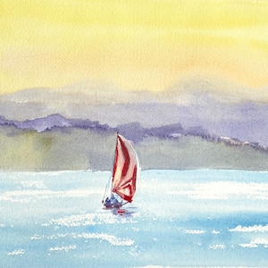 Watercolor of Lone Sailboat on Casco Bay Sailing into the  Sunset, Harpswell, Maine.  8x10&quot; Fine Art Print, Matted in a 11&quot;  X 14&quot; matte.