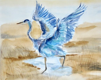 Watercolor of Blue Heron Print in 8X10"  Archival 11X14" matte.