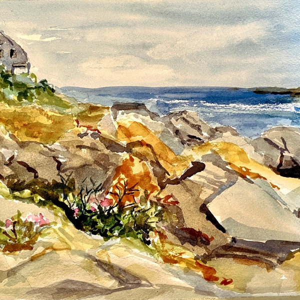 Watercolor of  Giant Steps Gray Cottage,  Bailey Island, Maine.  8"X10" giclee print. Matted in a 11"X14" matte. Cliff house on Casco Bay.