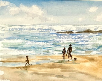 Watercolor Walk on Popham Beach, Maine with Pug 8"X10" in archival 11x14 matte. Maine Art for great for cottage wall.