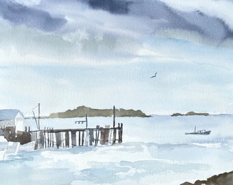 Original Watercolor Print  of Pier at Ash Point, Knocks, Maine.  8"X10" fine art print in archival 11x14"  matte.