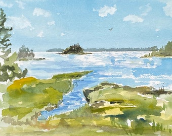 Watercolor of Harpswell, Maine with Osprey Flying giclee print. 4"X6" in a 5"X7" matte. Maine art.