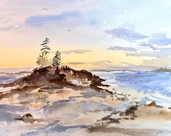 Watercolor of Potts Point Sunset, Matted Giclee Fine Art Print Harpswell, Maine 8"X10" in a 11"X14" Standard Size Archival Matte.
