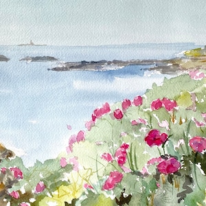 Watercolor Fine Art Print of Original, Coastal Maine, Bailey Island, Harpswell.  Maine  with Wild Roses  8x10&quot; in  Archival Matte.