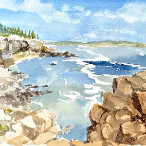 May include: Watercolor painting of a rocky coastline with a blue ocean and a bright blue sky. The painting features a rocky cliff with green trees in the background and a sandy beach in the foreground.