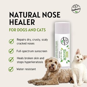 Pode incluir: Um tubo branco de Paw Purity Nose Saver para c&atilde;es e gatos. O tubo tem um r&oacute;tulo verde com o texto "Nose Saver" e "For dogs and cats". O tubo est&aacute; ao lado de um c&atilde;o castanho e branco e um gato branco.