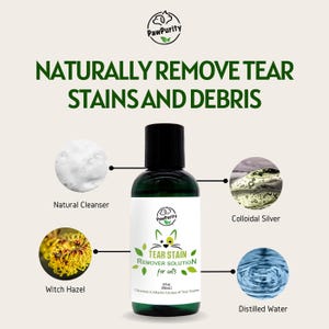 Puede incluir: Una botella verde de soluci&oacute;n removedora de manchas de l&aacute;grimas para gatos. La botella est&aacute; etiquetada como "PawPurity Tear Stain Remover Solution for Cats" y enumera los ingredientes como limpiador natural, hamamelis, plata coloidal y agua destilada.