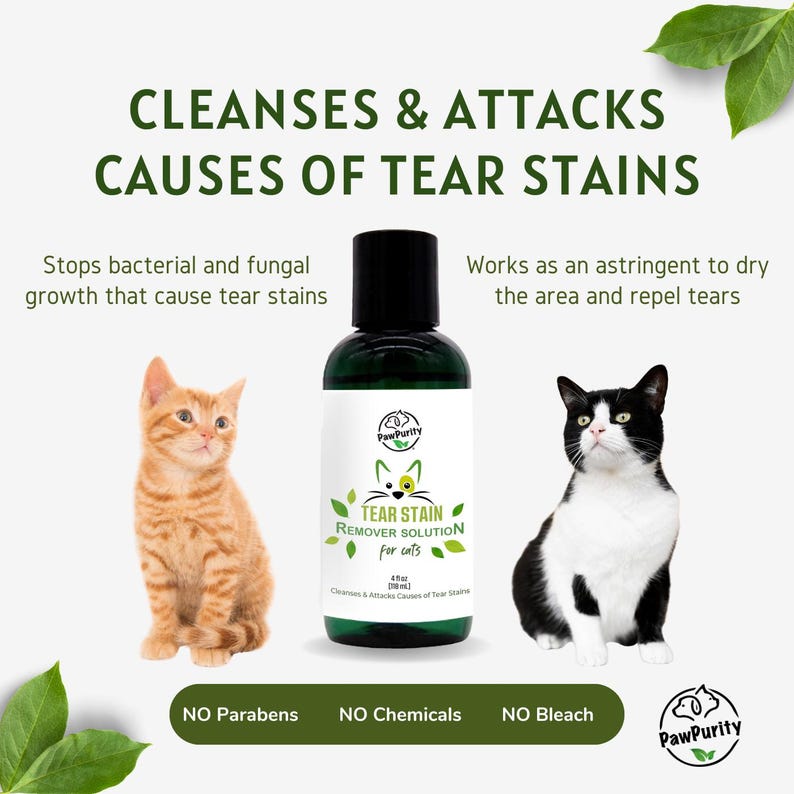 Puede incluir: Una botella verde de soluci&oacute;n removedora de manchas de l&aacute;grimas PawPurity para gatos. La botella est&aacute; etiquetada con el nombre del producto y las instrucciones de uso. La botella est&aacute; sobre un fondo blanco con dos gatos a cada lado. El texto en la botella dice "Limpia y ataca las causas de las manchas de l&aacute;grimas". El texto debajo de la botella dice "Sin parabenos Sin qu&iacute;micos Sin lej&iacute;a".