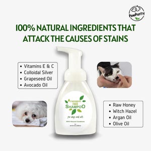 K&ouml;nnte beinhalten: Eine wei&szlig;e Flasche mit Gesichts-Shampoo f&uuml;r Haustiere mit einem gr&uuml;nen Etikett, auf dem "STAIN REMOVER FACE SHAMPOO for dogs and cats 100% Natural Goodness" steht. Die Flasche befindet sich auf einem wei&szlig;en Hintergrund mit Bildern eines Hundes und einer Katze mit verf&auml;rbtem Fell. Der Text "100% NATURAL INGREDIENTS THAT ATTACK THE CAUSES OF STAINS" befindet sich oben im Bild.