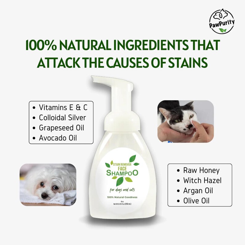 K&ouml;nnte beinhalten: Eine wei&szlig;e Flasche mit Gesichts-Shampoo f&uuml;r Haustiere mit einem gr&uuml;nen Etikett, auf dem "STAIN REMOVER FACE SHAMPOO for dogs and cats 100% Natural Goodness" steht. Die Flasche befindet sich auf einem wei&szlig;en Hintergrund mit Bildern eines Hundes und einer Katze mit verf&auml;rbtem Fell. Der Text "100% NATURAL INGREDIENTS THAT ATTACK THE CAUSES OF STAINS" befindet sich oben im Bild.