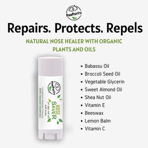 Pode incluir: Tubo branco de Paw Purity Nose Saver para c&atilde;es e gatos. O tubo &eacute; etiquetado com o texto "Nose Saver" e "Conditions. Restores. Protects. 100% Natural Goodness". O tubo &eacute; rodeado por um fundo branco com o texto "Repairs. Protects. Repels" e "NATURAL NOSE HEALER WITH ORGANIC PLANTS AND OILS". Tamb&eacute;m &eacute; inclu&iacute;da uma lista de ingredientes: &oacute;leo de babassu, &oacute;leo de semente de br&oacute;colis, glicerina vegetal, &oacute;leo de am&ecirc;ndoa doce, &oacute;leo de karit&eacute;, vitamina E, cera de abelha, b&aacute;lsamo de lim&atilde;o e vitamina C.