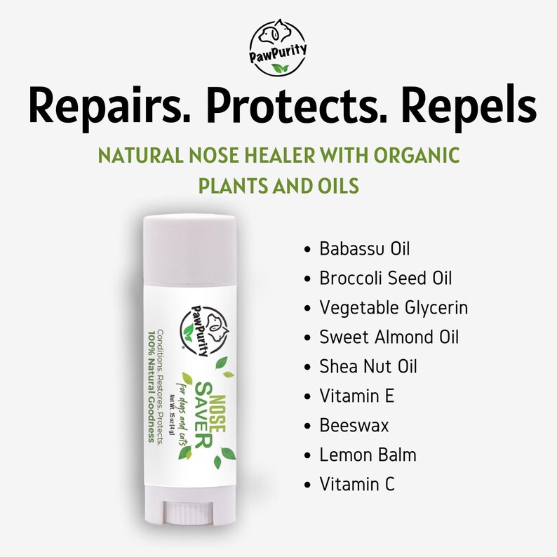 Pode incluir: Tubo branco de Paw Purity Nose Saver para c&atilde;es e gatos. O tubo &eacute; etiquetado com o texto "Nose Saver" e "Conditions. Restores. Protects. 100% Natural Goodness". O tubo &eacute; rodeado por um fundo branco com o texto "Repairs. Protects. Repels" e "NATURAL NOSE HEALER WITH ORGANIC PLANTS AND OILS". Tamb&eacute;m &eacute; inclu&iacute;da uma lista de ingredientes: &oacute;leo de babassu, &oacute;leo de semente de br&oacute;colis, glicerina vegetal, &oacute;leo de am&ecirc;ndoa doce, &oacute;leo de karit&eacute;, vitamina E, cera de abelha, b&aacute;lsamo de lim&atilde;o e vitamina C.