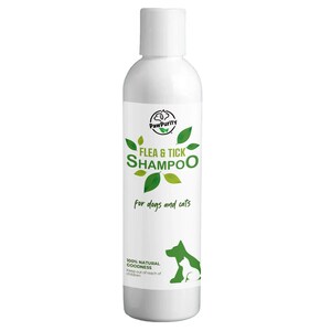 Puede incluir: Botella de pl&aacute;stico blanca de champ&uacute; para pulgas y garrapatas para perros y gatos. La botella tiene una etiqueta verde con las palabras "Paw Purity" y "Flea & Tick Shampoo" en texto blanco. La etiqueta tambi&eacute;n incluye un dise&ntilde;o de hojas verdes y las palabras "para perros y gatos".