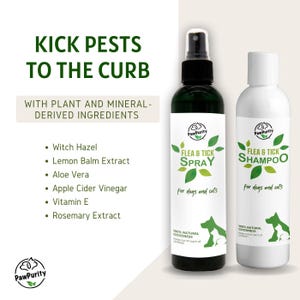 Puede incluir: Dos botellas de spray y champ&uacute; natural para pulgas y garrapatas para perros y gatos. La botella de spray es verde con una etiqueta blanca y la botella de champ&uacute; es blanca con una etiqueta verde. Ambas botellas llevan el nombre de la marca "PawPurity" y el texto "100% Natural Goodness".