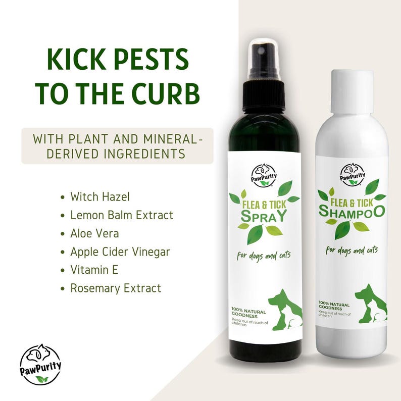 Puede incluir: Dos botellas de spray y champ&uacute; natural para pulgas y garrapatas para perros y gatos. La botella de spray es verde con una etiqueta blanca y la botella de champ&uacute; es blanca con una etiqueta verde. Ambas botellas llevan el nombre de la marca "PawPurity" y el texto "100% Natural Goodness".