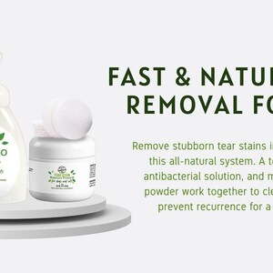 Puede incluir: Un conjunto de tres productos naturales para eliminar las manchas de l&aacute;grimas en los perros. El conjunto incluye un champ&uacute; sin l&aacute;grimas, una soluci&oacute;n antibacteriana y un polvo absorbente de humedad. Los productos est&aacute;n envasados en botellas blancas con detalles verdes y presentan un logotipo de una huella de pata de perro.
