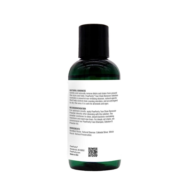 Puede incluir: Una botella de pl&aacute;stico verde de soluci&oacute;n removedora de manchas de l&aacute;grimas PawPurity. La botella tiene una etiqueta blanca con texto negro que dice "Natural Goodness", "Elimina de forma segura y natural los residuos y las manchas de alrededor de los ojos y los pliegues. La soluci&oacute;n removedora de manchas de l&aacute;grimas PawPurity contiene un limpiador potente no irritante, agentes naturales que ayudan a controlar los microbios que causan las manchas y un astringente para secar el &aacute;rea. Es seguro para todas las razas y edades."