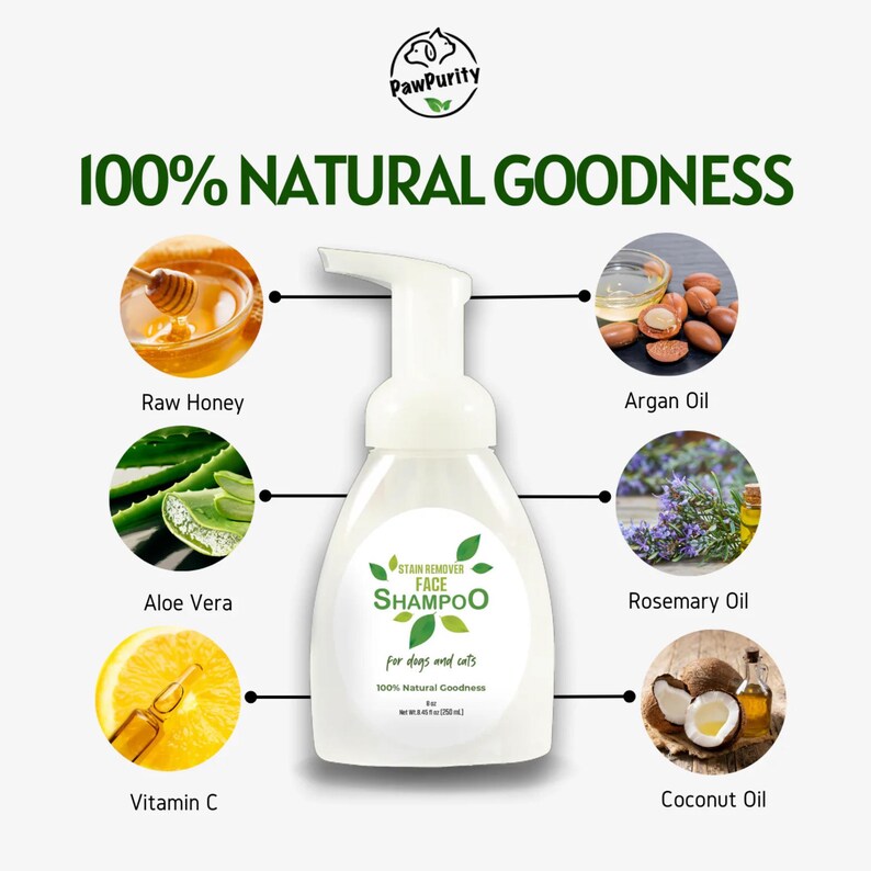 K&ouml;nnte beinhalten: Eine wei&szlig;e Flasche mit Hundefazenshampoo und Katzenfazenshampoo mit einem gr&uuml;nen Etikett, auf dem "Stain Remover Face Shampoo for dogs and cats 100% Natural Goodness" steht. Die Flasche ist umgeben von Bildern von Zutaten, darunter roher Honig, Argan&ouml;l, Aloe Vera, Rosmarin&ouml;l, Vitamin C und Kokosnuss&ouml;l.