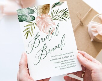 Bridal Brunch Tropical Greenery Bridal Shower Invitation Template Editable Printable Invite Green Palm Leaves Beach Hawaiian Luau Wedding