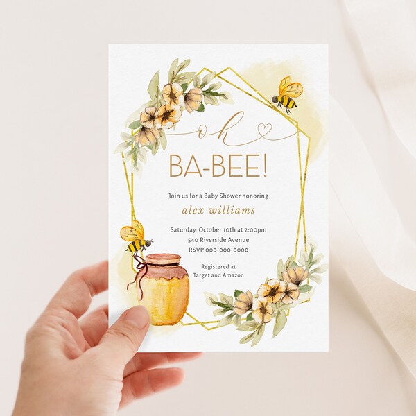 Oh Ba-BEE Baby Shower Invitation Template, Honeybee Baby Shower, Printable Editable CORJL Template, Yellow and Gold, Digital Download