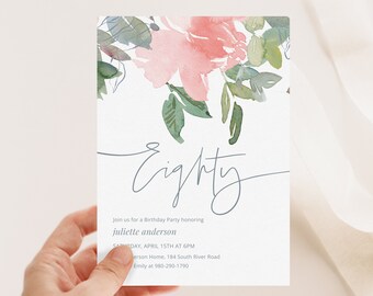 Modèle d'Invitation de quatre-vingts anniversaire, blush rose aquarelle Floral, imprimable modifiable CORJL inviter, fleurs abstraites, anniversaire de printemps