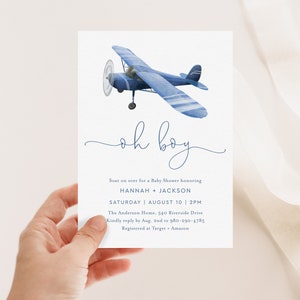Blue Airplane Baby Shower Invitation Template, Oh Boy Invite, Boy Baby Shower, Editable CORJL Template, Printable Digital Download, LC09