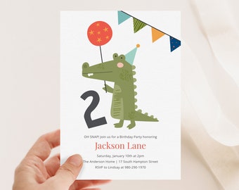 Alligator Geburtstagseinladung, Kindergeburtstag einladen Vorlage, druckbare bearbeitbare CORJL Vorlage, digitaler Download, Junge Geburtstagsparty ZWEI